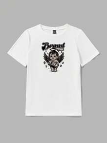 Putra Dikjaya Artist Angel, Cartoon, Medieval, Money, Cash, Dollar Print Casual Loose Round Neck Short Sleeve Women T-Shirt Graphic Tee, For Holiday, New Year, Vacation, Spring, Festival