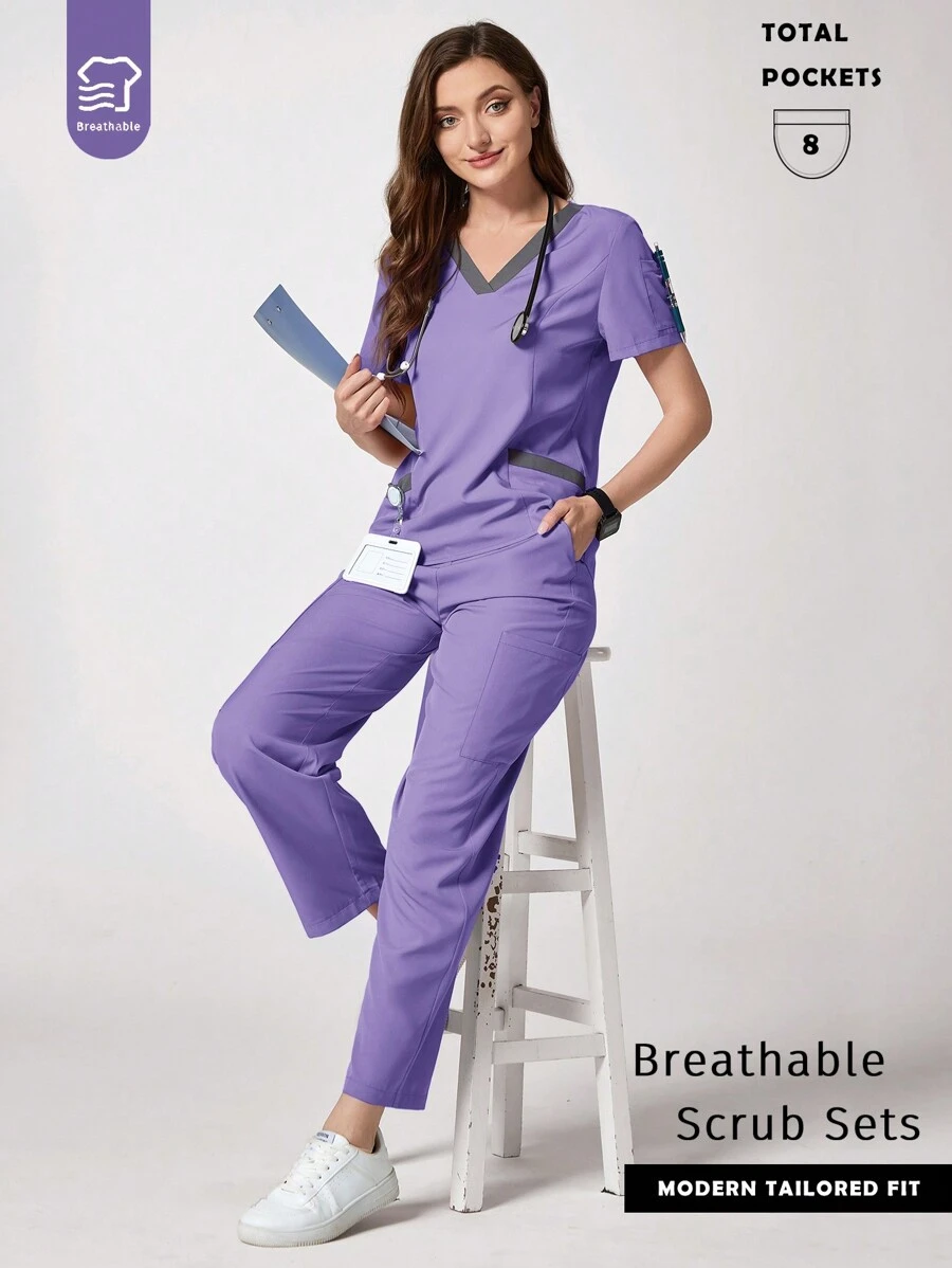 TaskEZ Set de uniforme de scrub pentru alăptare, cu decolteu în V, cu mâneci scurte și pantaloni - Violet - Vizualizare 1