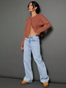 WESTFADE Spring Cable Knit Crewneck Button Front Long Sleeve Cardigan Sweater - Red Violet - View 7