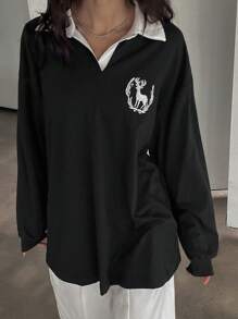 DAZY Áo thun dài tay họa tiết thêu cổ bẻ đơn giản, năng động cho nữ - màu đen - Xem 4