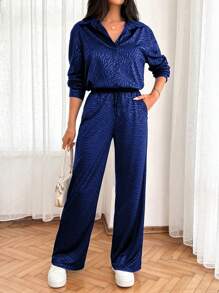 SHEIN Cottnline Foil Leopard Printed Blouse And Drawstring Slant Pockets Long Pants Elegant Cozy 2pcs Set - Blue - View 2