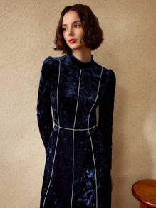 MOTF PREMIUM VELVET MOCK NECK RHINESTONE TRIM MIDI DRESS - Blue - View 8