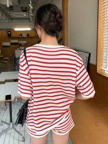 INAWLY 2pcs Women's Spring/Fall Striped Crew Neck Short Sleeve Knit Top And Knitted Shorts Casual Set - Red and White - View 3