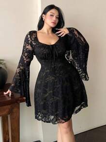 Flirla Plus Size Women's Lace Up Ruffle Square Neck Exaggerated Flare Sleeve Party Elegant Dress - Black - View 7