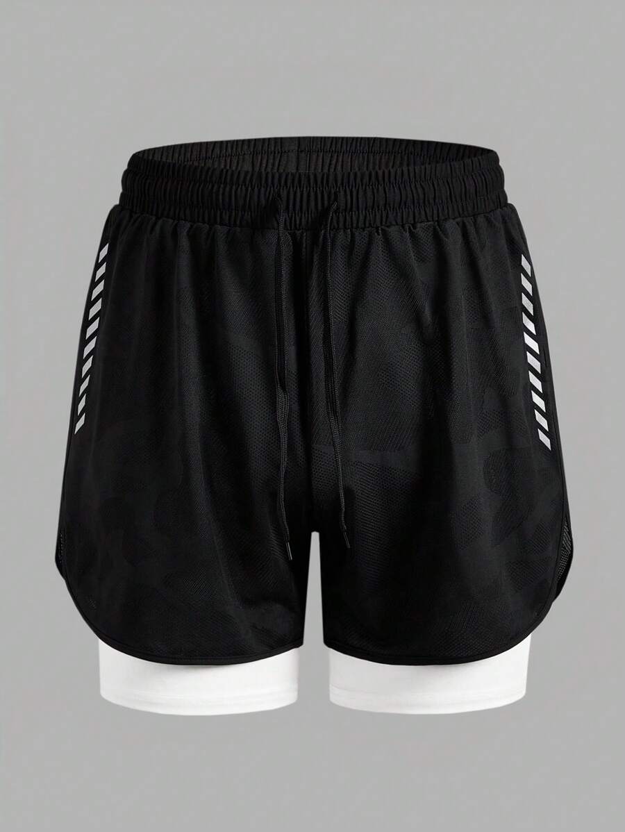 Manfinity Sport Corelite 男友风男士正面扎染拼色印花简约休闲运动短裤 - 黑色 - 查看 1