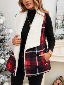 SHEIN LUNE Christmas Red Plaid Flannel Padded Vest For Women, Winter Christmas Outfits Christmas Vacation Teddy Coat Thanksgiving Outfit Holiday Outfits New Years Outfit