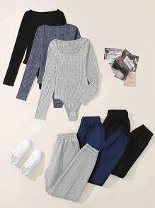 SHEIN LUNE Conjunto de body liso de color liso y textura acanalada para mujer, ideal para otoño