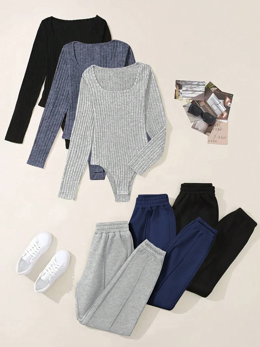SHEIN LUNE Conjunto de body liso de color liso y textura acanalada para mujer, ideal para otoño