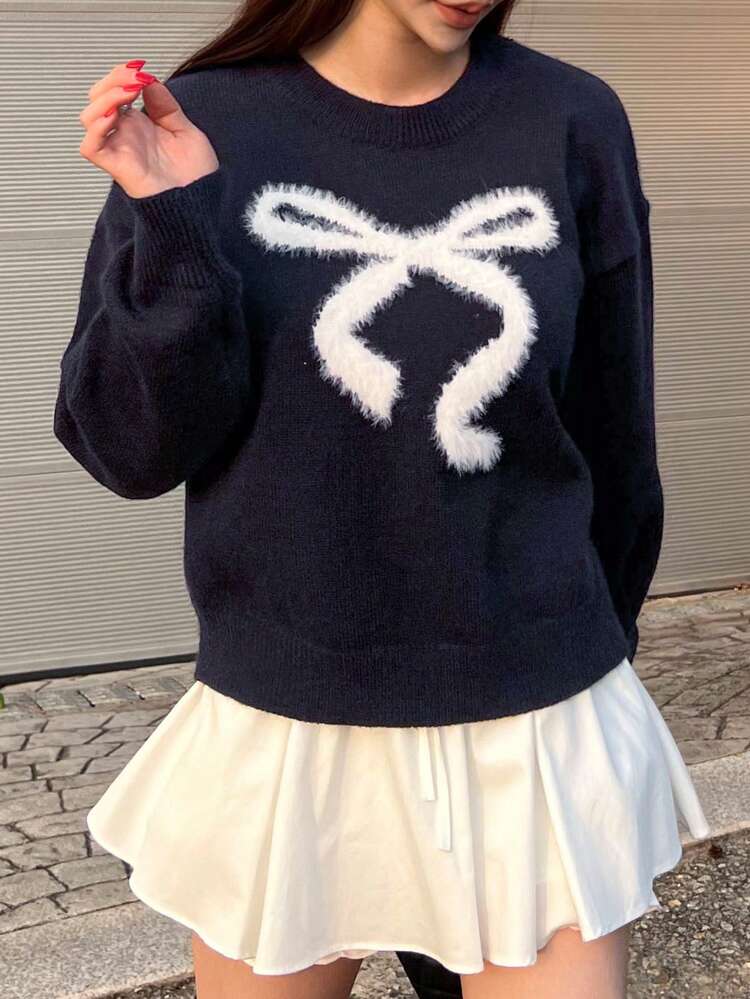 New Plush Bow Knitted Sweater For Women, Autumn