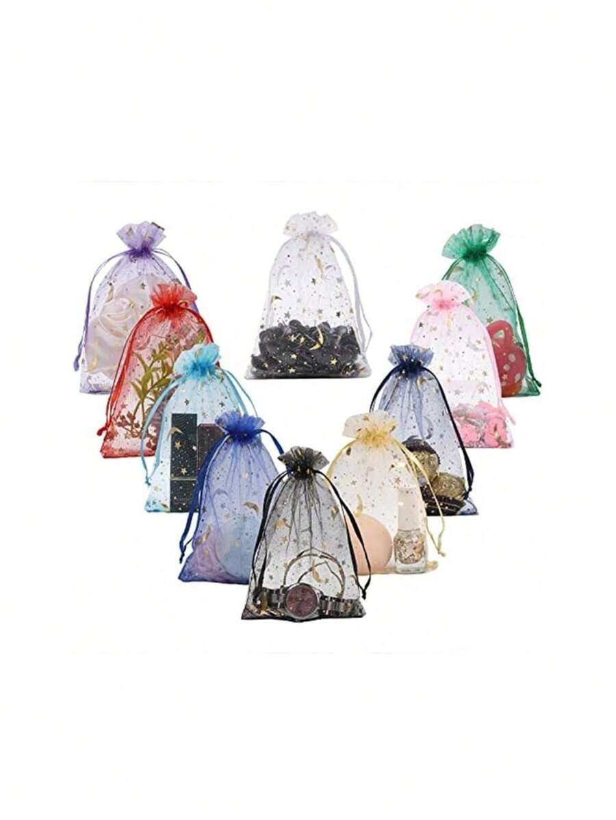 50 个月亮和星星透明礼品包装袋,各种尺寸和颜色适合万圣节、婚礼、派对、旅行、生日、周年纪念日抽绳欧根纱袋圣诞礼品包装袋储物袋,用于珠宝、糖果、文具和其他小物品。也适用于装饰、水果包装和防虫储存。适合派对和用餐场合,颜色和款式随机圣诞节适合节日送礼 - 彩色 - 查看 1