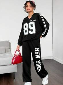 SHEIN Leap Crew 2pcs Teenage Girl Back To School V-Neck Numeric & Letter Print Athletic Casual Suit Set, Suitable For Autumn And Winter - Black - View 3