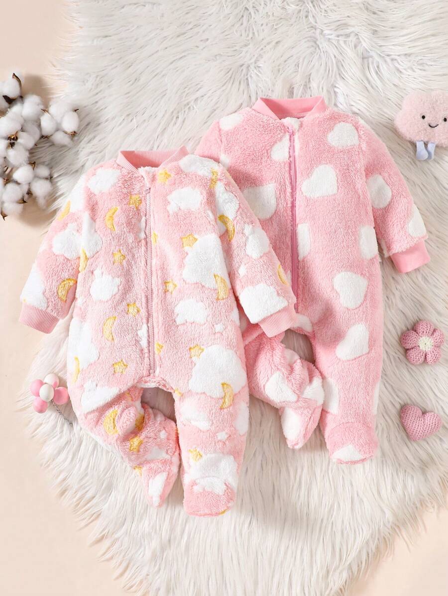 SHEIN 2 件装新生女婴卡通月亮和星星印花连帽长袖前拉链柔软舒适连脚连体衣套装，秋冬 - 淺粉色 - 查看 1