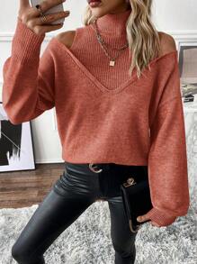 SHEIN Clasi 女士纯色露肩落肩袖休闲毛衣，秋冬针织套头衫 - 紅木色 - 查看 4