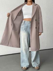 SHEIN EZwear Áo khoác ngoài hai hàng khuy trơn màu cỡ lớn, thường ngày mùa thu/đông - Màu Khaki - Xem 6