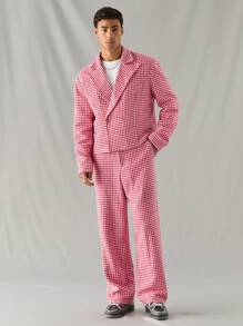 Manfinity VCAY 2pcs Young Men Casual Woven Plaid Loose Fit Open Front Long Sleeve Jacket And Elastic Waist Pants Suit Set