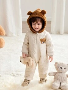 SHEIN Newborn Baby Boy/Girl Brown Winter Cute Date Jumpsuit,Fun Style Drop Shoulder Loose Bear Ear Hooded,Warm Thermal Lined For Autumn & Winter Indoor - Apricot - View 3