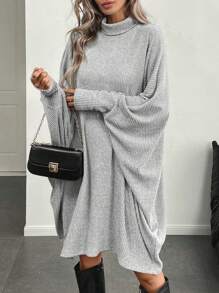 SHEIN Clasi Women Ribbed Knit Batwing Sleeve Dress - Light Grey - View 6