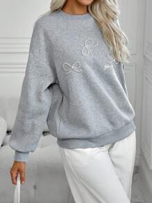 SHEIN LUNE New Autumn Fashion Casual Pearl Bow Round Neck Long Sleeve Print Women Sweatshirt Pullover Fall Outfit