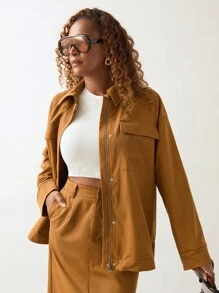 SHEIN Unity Set de 2 piezas: chaqueta y falda de mujer casual de unicolor con cierre delantero de manga larga