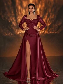 Glamrae Elegant Red Luxurious Sequin Patchwork Satin See-Through Long Sleeve Front Bra-Cup Boned Mermaid High Slit Backpiece Draped Maxi Evening Gown, Long Sleeve Formal Prom Dress, For Wedding Guest, Graduation, Dinner, Party Dress