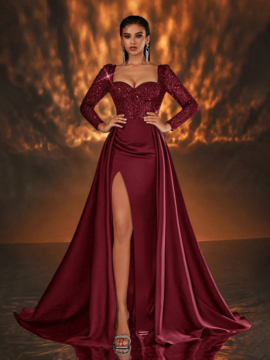 Glamrae Elegant Red Luxurious Sequin Patchwork Satin See-Through Long Sleeve Front Bra-Cup Boned Mermaid High Slit Backpiece Draped Maxi Evening Gown, Long Sleeve Formal Prom Dress, For Wedding Guest, Graduation, Dinner, Party Dress