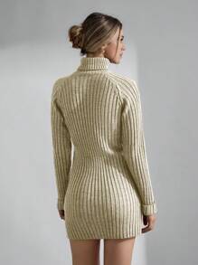 SHEIN Cottnline 女士纯色高领长袖简约短裙，休闲日常穿着 - 米色 - 查看 2