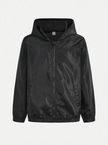 Girls Windbreaker Jacket, Water-Resistant, Hooded Loose Fit Bomber Jacket With Print On Back, Spring & Autumn - Black - View 2