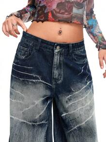 ROMWE Grunge Punk Quần Jeans Boy Friend Lưng Thấp Cỡ Lớn, Rộng Rãi, Đã Giặt Cho Nữ - Màu xanh lam - Xem 4