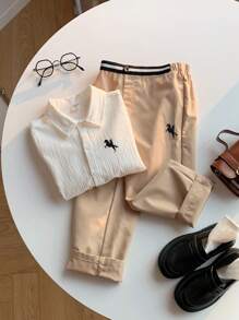 SHEIN 2pcs Young Boys Academia Deer Logo White Collar Long Sleeve Shirt And Pants Set,Family Matching,Back-To-School,Summer,White Outfits For Fall/Winter - Khaki - View 10