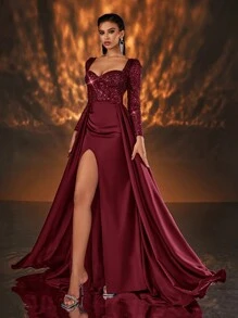 Glamrae Elegant Red Luxurious Sequin Patchwork Satin See-Through Long Sleeve Front Bra-Cup Boned Mermaid High Slit Backpiece Draped Maxi Evening Gown, Long Sleeve Formal Prom Dress, For Wedding Guest, Graduation, Dinner, Party Dress