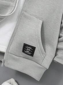 SHEIN 年轻男孩休闲舒适连帽贴花运动衫卫衣，秋冬 - 淺灰色 - 查看 4