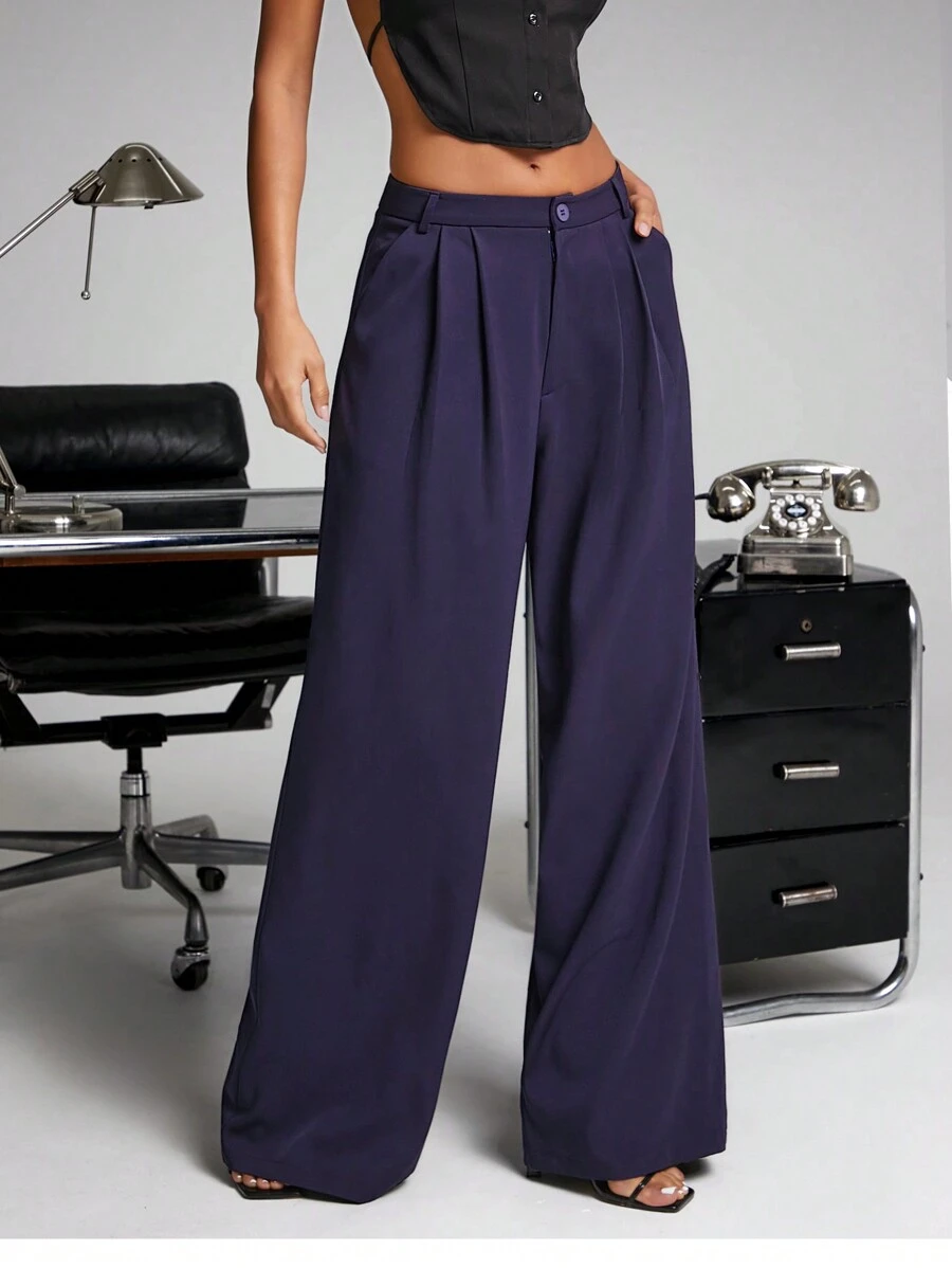 Hauture 秋季女装，女士海军蓝纯色优雅阔腿高腰裤，带褶腰和口袋。适合晚会、办公室着装、商务休闲装、正式女装、外出、日常着装、商务休闲女装、商务女装 - 藍色 - 查看 1