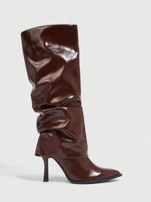 CUCCOO SZL 性感时尚褶皱筒身咖啡色尖头侧拉链女士过膝长靴 - 咖啡棕 - 查看 3