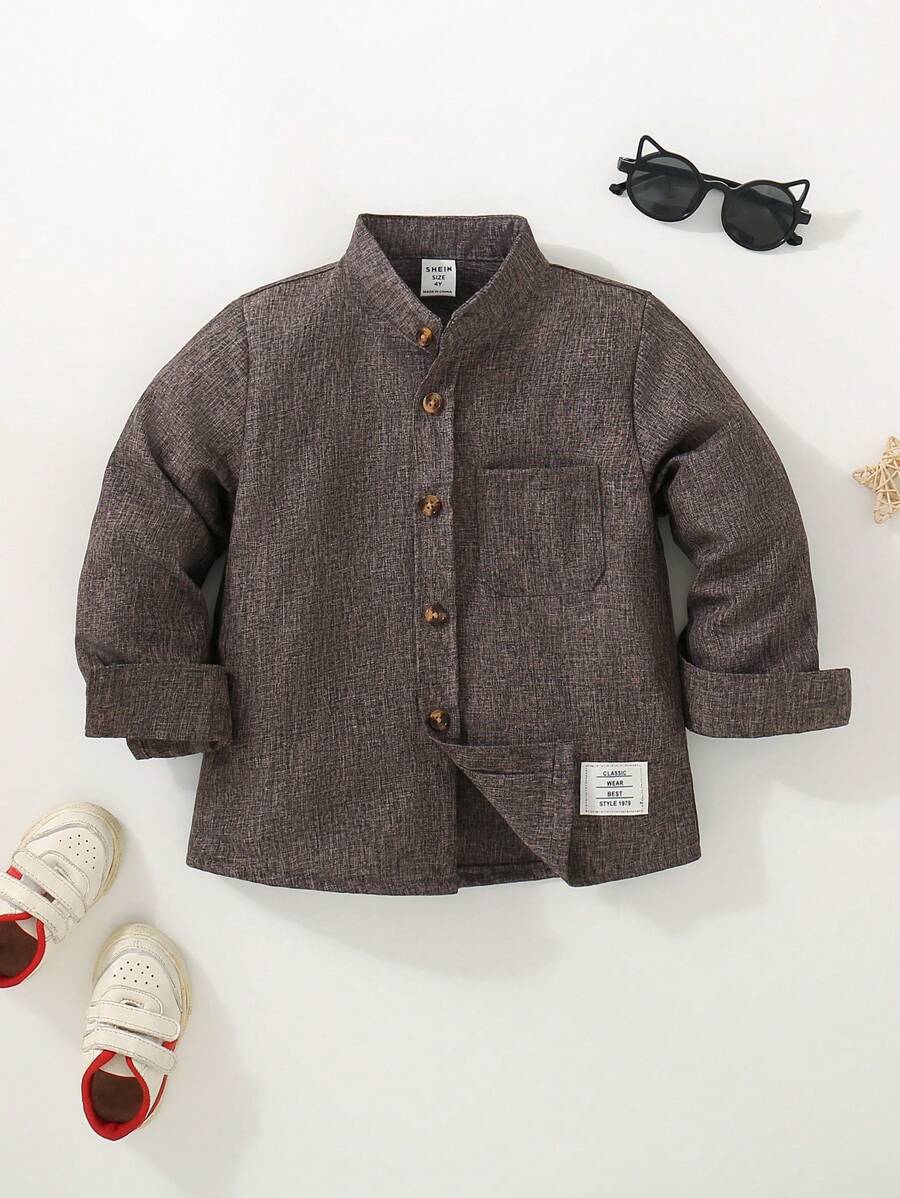 SHEIN Áo sơ mi dài tay vá túi thường ngày cho bé trai, họa tiết chữ, mùa thu - Cà phê nâu - Xem 1