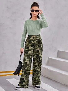 SHEIN Ensemble sport casual 2 pièces : top à manches longues froncé à rayures moelleuses et pantalon large de camouflage pour adolescentes