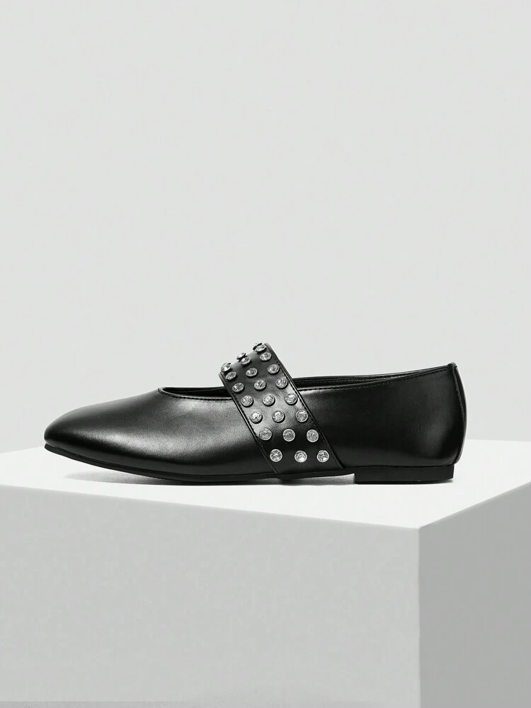 VINTAGE PUNK STYLE COMFORTABLE CASUAL BLACK RHINESTONE SQUARE TOE FLAT MARY JANE SHOES FOR CHRISTMAS AND NEW YEAR HOLIDAY VIBE FALL AND WINTER