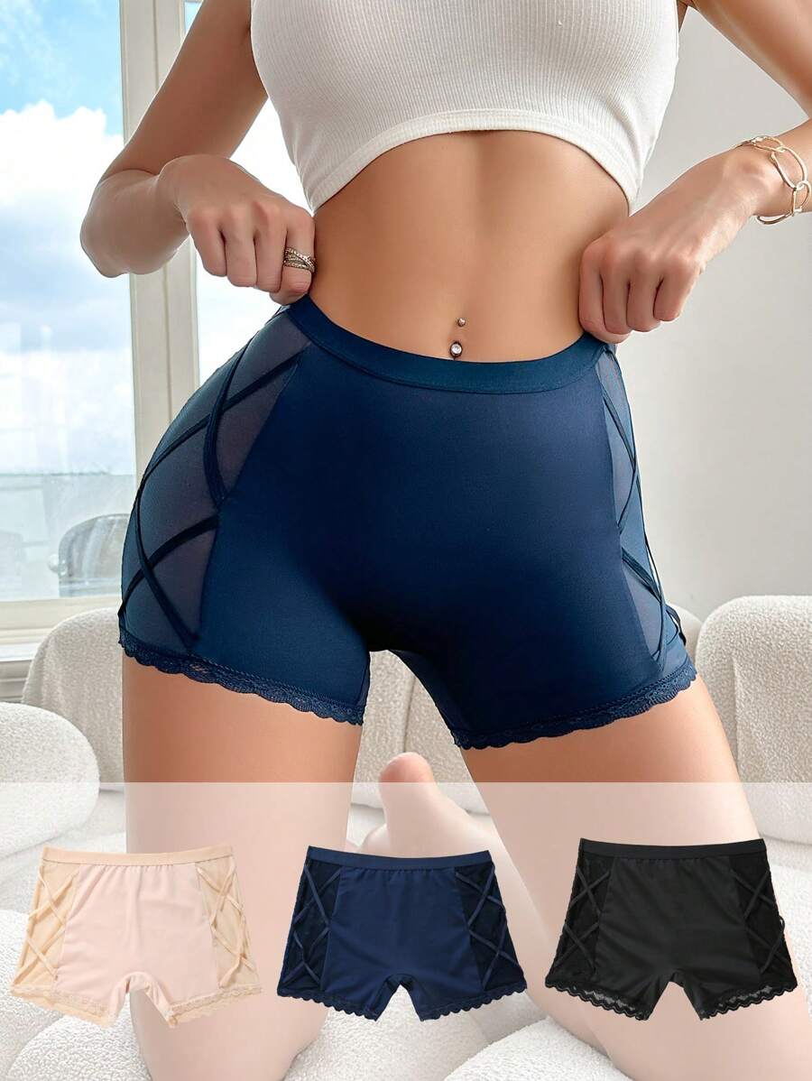 Women's Boxer Briefs - Minimalist Romantic Style, Lace Trim, Comfortable Daily Wear, No-Ride Up ,3 Pcs - Multicolor - View 1