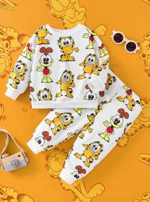 GARFIELD | SHEIN 2pcs/Set Baby Boy Cute Cartoon Cat, Dog, Garfield Print Hoodie & Jogger Pants Set, White, Casual Comfortable Outfit - Multicolor - View 1