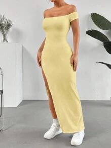SHEIN EZwear Women's Solid Color Off-Shoulder Split Simple Long Casual Dress, For Daily Wear - Yellow - View 4