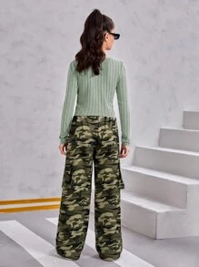 SHEIN Ensemble sport casual 2 pièces : top à manches longues froncé à rayures moelleuses et pantalon large de camouflage pour adolescentes