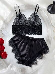 Bộ đồ lót và quần lót ren satin gợi cảm tương phản - màu đen - Xem 7