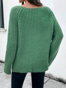 SHEIN LUNE Women's Casual Solid Color Raglan Sleeve Sweater Knit Pullover Fall Winter - Green - View 2