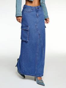SHEIN Essnce Women's Casual Loose Cargo Denim Skirt, Blue - Black - View 5