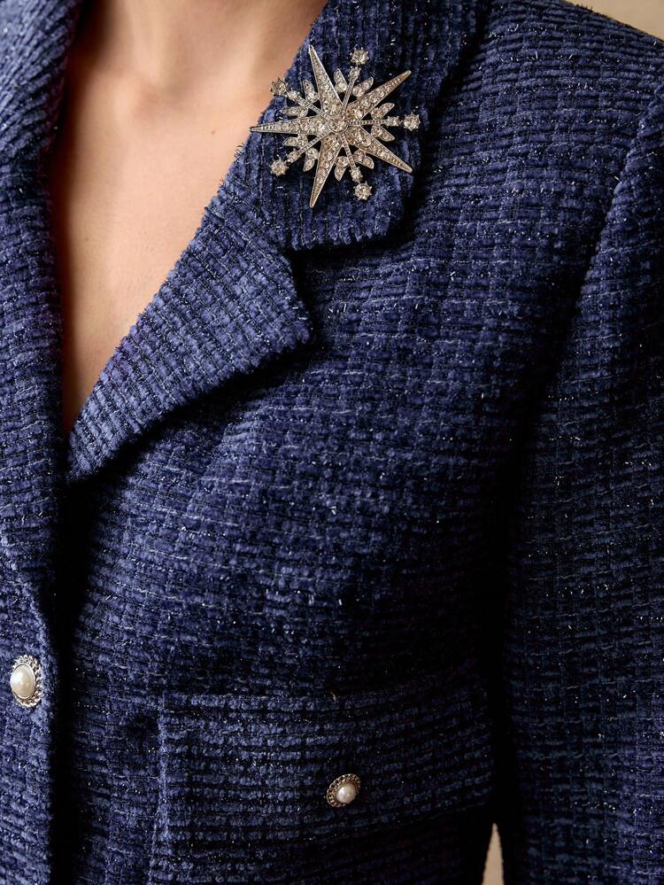 TWEED LAPEL COLLAR FLAP POCKET RHINESTONE BROOCH CROP BLAZER