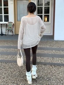 INAWLY Women's Solid Color Long Sleeve Oversized Crew Neck Casual Sweater, Knit Pullover Fall Winter - Apricot - View 2