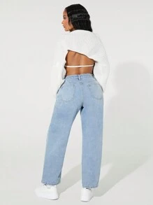 SHEIN SXY Women Button Front Pocket Distressed Casual Denim Jeans, Everyday Wear