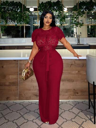 Slaydiva 优雅纯色大码蕾丝拼接连体裤