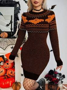 Chiquease Halloween Vibe Vintage Polka Dot Embossed Fitted Tight Bodycon Mini Dress, Stylish For Autumn/Winter, European And American Style