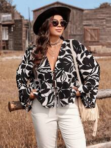 SHEIN VCAY Plus Size Winter For Women Thanksgiving Going Out Top Western Homecoming Western Woman Attire Raves Flapper Top Festival Rave - Black and White - View 1