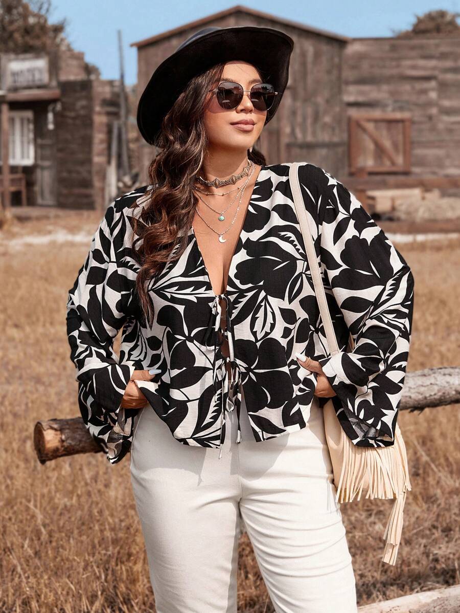 SHEIN VCAY Plus Size Winter For Women Thanksgiving Going Out Top Western Homecoming Western Woman Attire Raves Flapper Top Festival Rave - Black and White - View 1